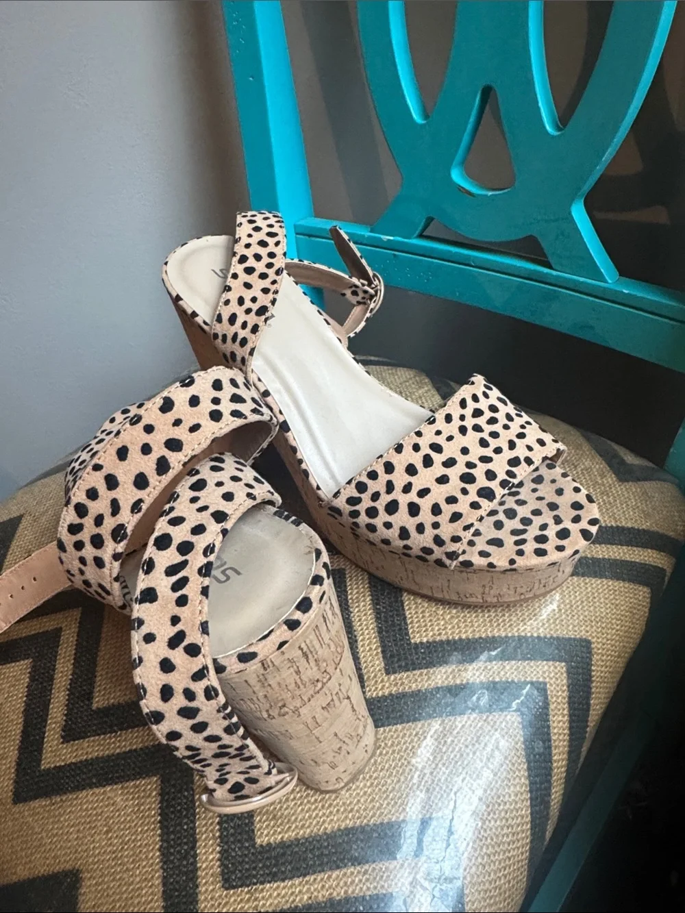 Soda Leopard Spot Cork Platform Sandals in Tan and Black